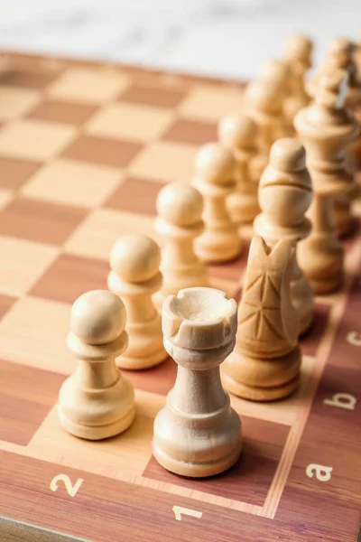 Chess Pieces Game Board Light Background — Stock Photo, Image