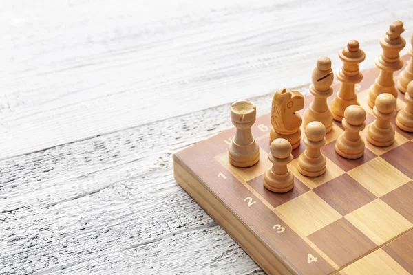 Chess Pieces Game Board White Wooden Background — Stock Photo, Image