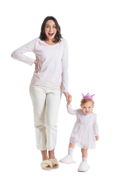 Happy Woman Her Little Daughter White Background — Stock Photo, Image