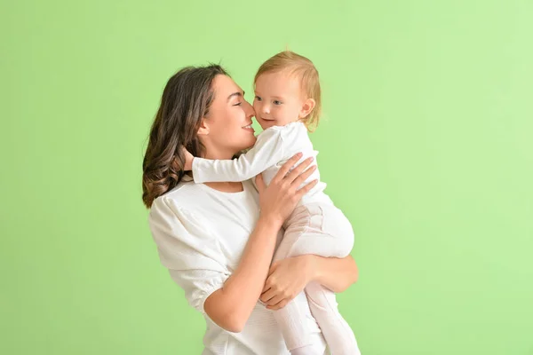 Happy Woman Her Little Daughter Color Background — Stock Photo, Image
