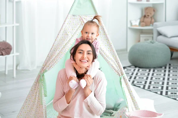 Happy Woman Her Little Daughter Playing Home — Stock Photo, Image