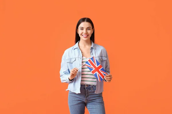Beautiful Young Woman Flag Great Britain Color Background — Stock Photo, Image