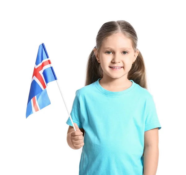 Malá Dívka Vlajkou Islandu Bílém Pozadí — Stock fotografie