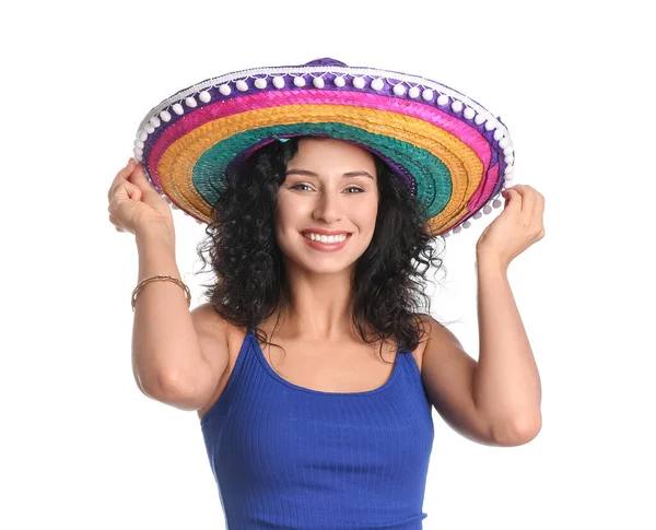 Mulher Bonita Chapéu Sombrero Fundo Branco — Fotografia de Stock