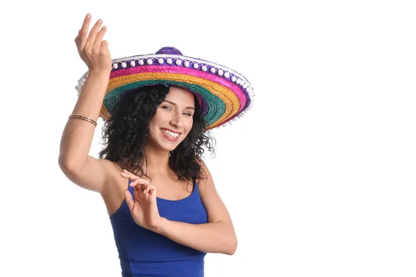 Mulher Bonita Sombrero Chapéu Dançando Fundo Branco — Fotografia de Stock