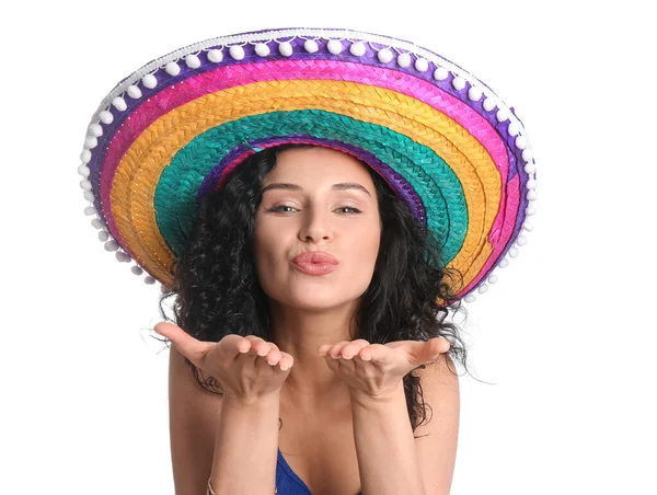 Bella Donna Cappello Sombrero Sfondo Bianco — Foto Stock