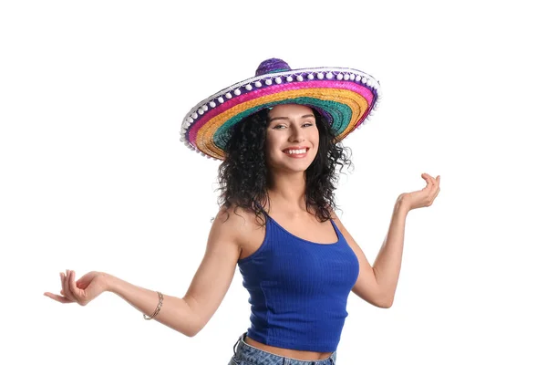 美しいです女性でSombrero帽子上の白い背景 — ストック写真