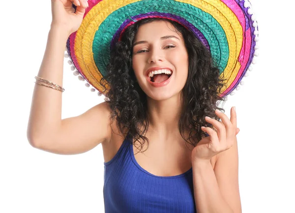 Mulher Bonita Chapéu Sombrero Fundo Branco — Fotografia de Stock