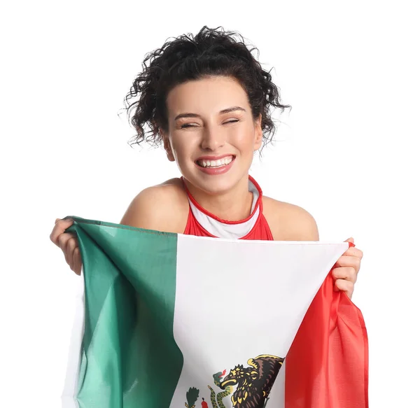 Emocional Hermosa Animadora Con Bandera Mexicana Sobre Fondo Blanco —  Fotos de Stock