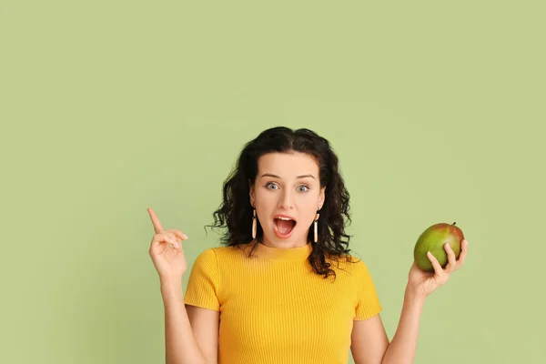 Beautiful Woman Fresh Mango Pointing Something Color Background — Stock Photo, Image