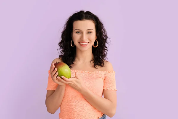 Beautiful Woman Fresh Mango Color Background — Stock Photo, Image