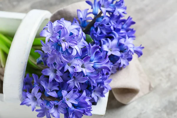 Basket Beautiful Hyacinth Flowers Light Background Closeup — Stock Photo, Image