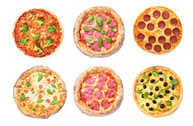 Set of delicious pizzas on white background