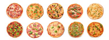 Set of delicious pizzas on white background