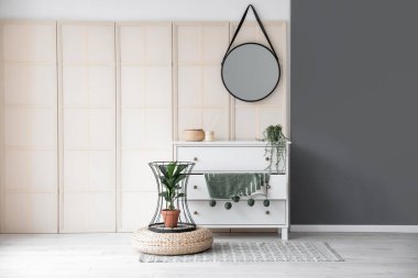 Aynalı ve çekmeceli modern bir oda.