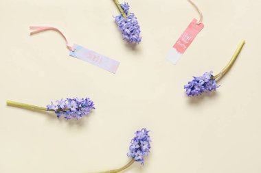 Frame made of beautiful hyacinth flowers and shopping tags on color background
