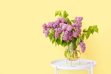 Renk duvarının yanındaki masada güzel leylak çiçekleri olan vazo.