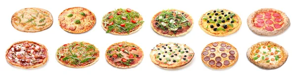 Set Delicious Pizzas White Background — Stok fotoğraf