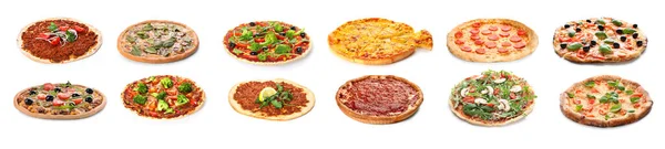 Set Delicious Pizzas White Background — Stok fotoğraf