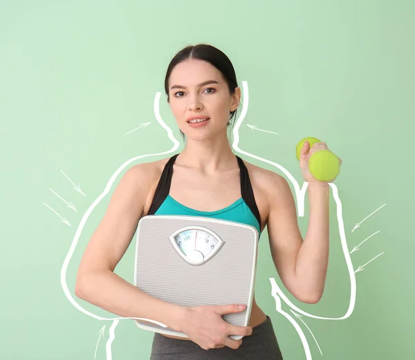 Beautiful Young Woman Measuring Scales Dumbbell Weight Loss Color Background — ストック写真