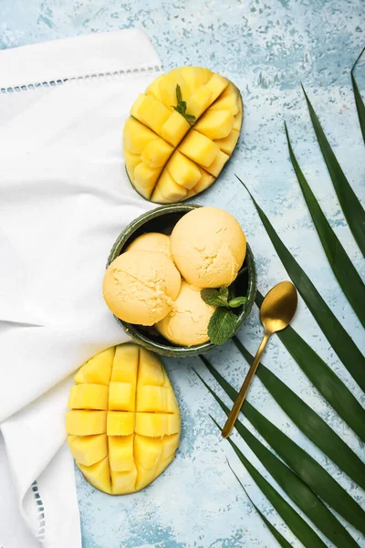Bowl Tasty Mango Ice Cream Palm Leaf Color Background — Stock Photo, Image