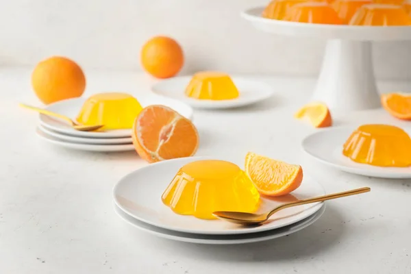 Plates Tasty Orange Jelly White Background — Stock Photo, Image