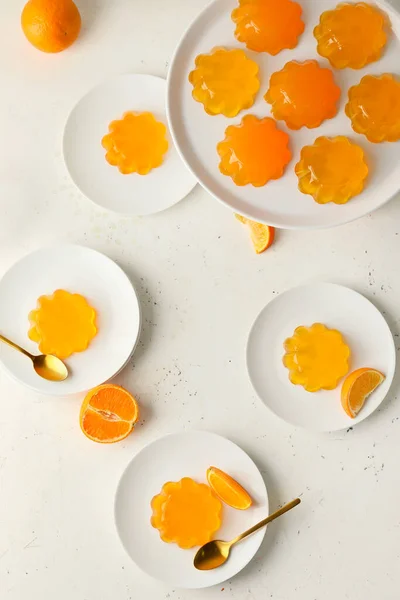 Plates Tasty Orange Jelly White Background — Stock Photo, Image