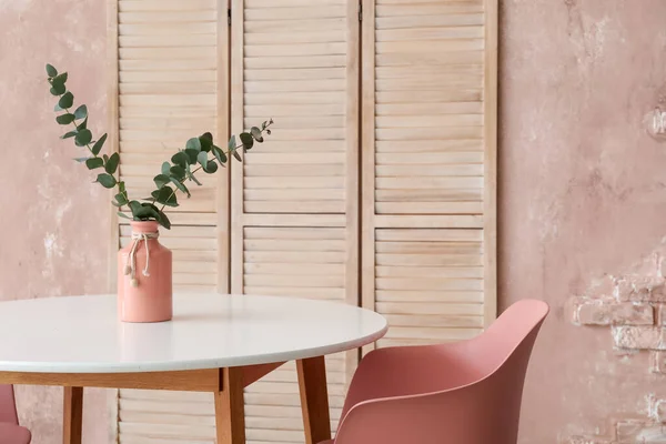 Vase Eucalyptus Branches Table Folding Screen Color Wall — Stock Photo, Image