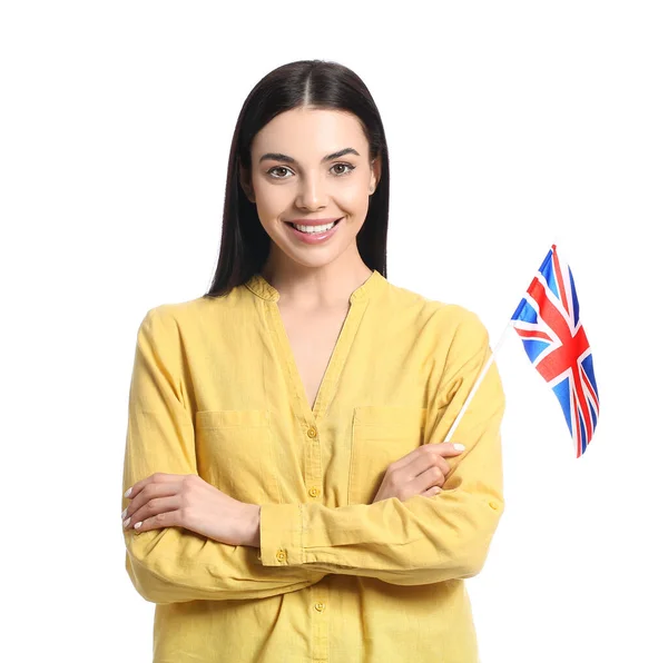 Belle Jeune Femme Avec Drapeau Grande Bretagne Sur Fond Blanc — Photo