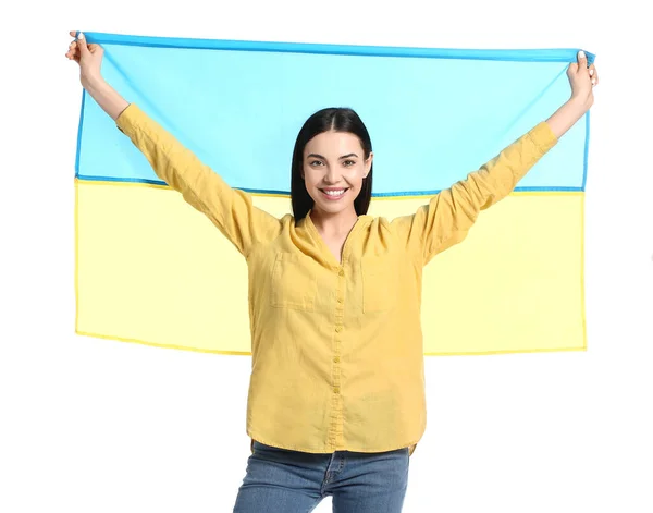 Hermosa Joven Con Bandera Ucraniana Sobre Fondo Blanco — Foto de Stock