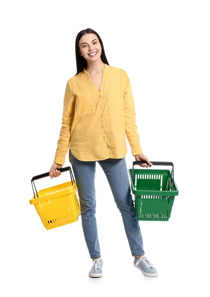 Young Woman Shopping Baskets White Background — Stockfoto