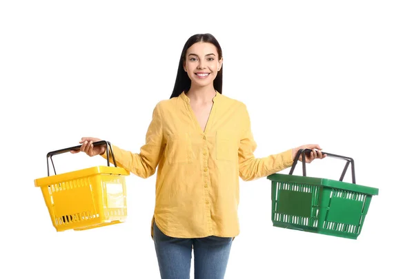 Young Woman Shopping Baskets White Background — Stock Photo, Image