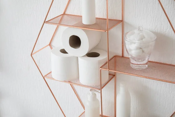 Shelf Rolls Toilet Paper Bath Supplies Hanging Light Wall — Stock Photo, Image