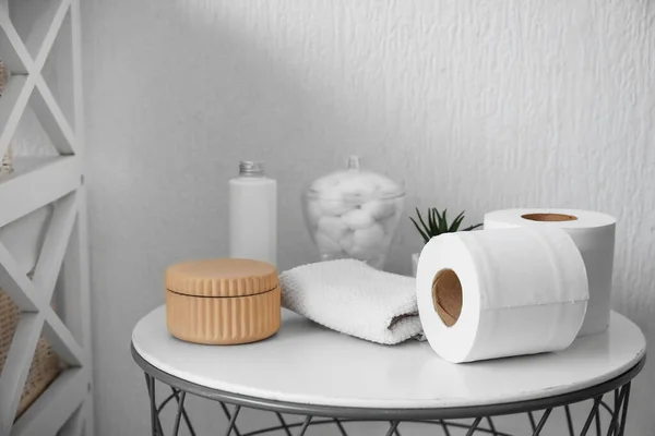 Rolls Toilet Paper Bath Supplies Table Bathroom — Stok Foto