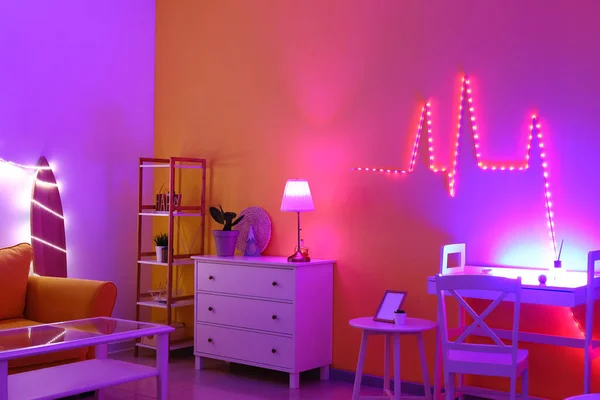 Interior of modern room with neon lighting