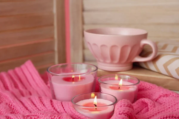 Burning Candles Cup Tea Scarf Table — Foto Stock