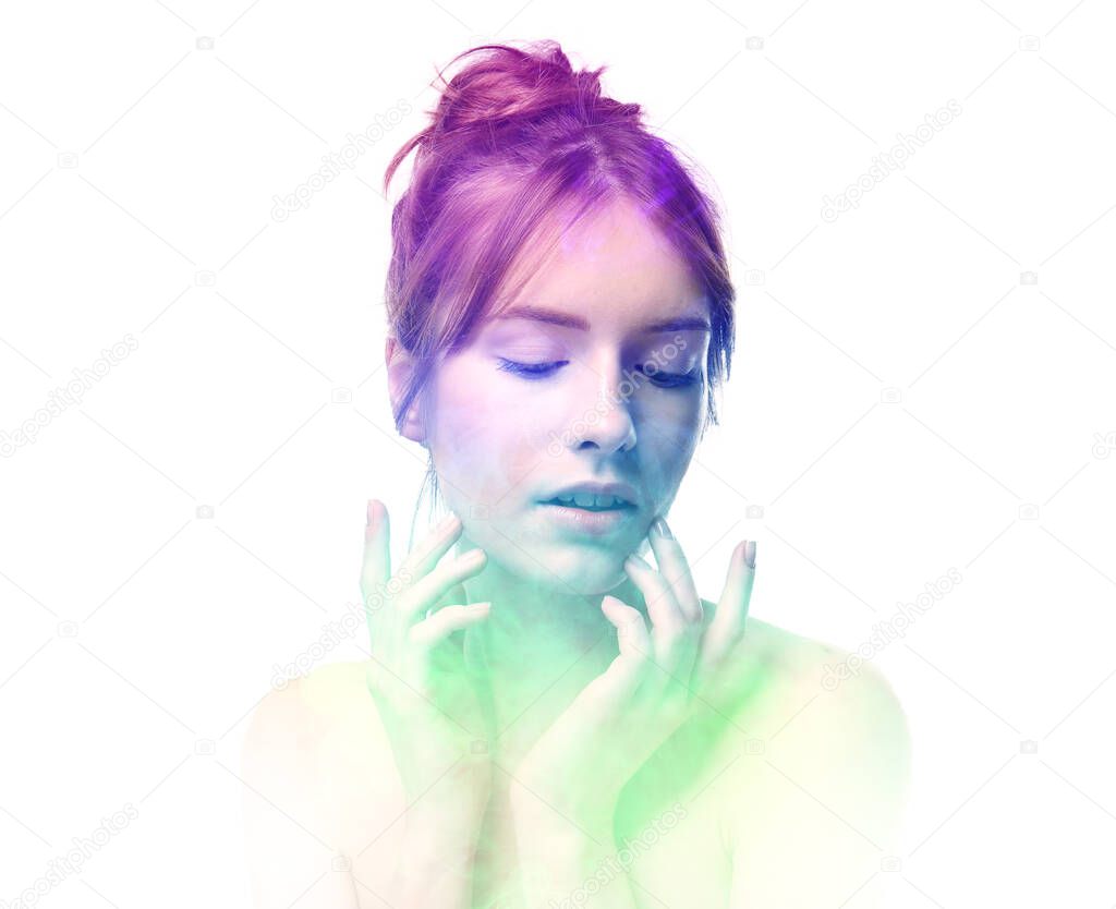 Beautiful young woman and her energy field on white background