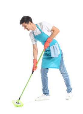 Young man with floor mop on white background