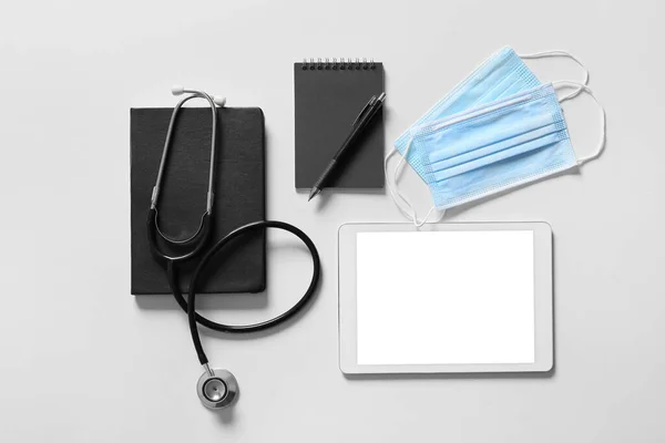 Composition Modern Stethoscope Tablet Computer Light Background — Stock Photo, Image