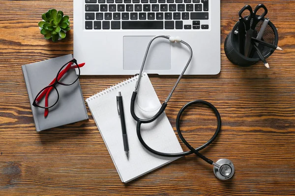Composition Modern Stethoscope Laptop Wooden Background — Stock Photo, Image