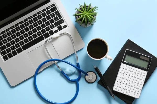 Composition Modern Stethoscope Laptop Color Background — Stok fotoğraf