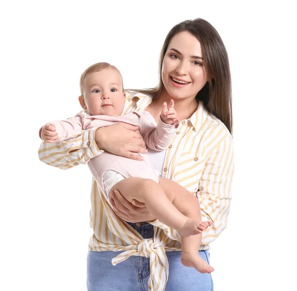 Felice Madre Con Carino Piccolo Bambino Sfondo Bianco — Foto Stock