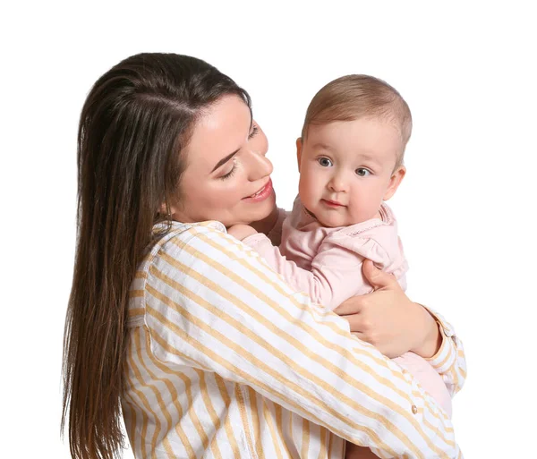 Madre Con Lindo Bebé Sobre Fondo Blanco Primer Plano — Foto de Stock