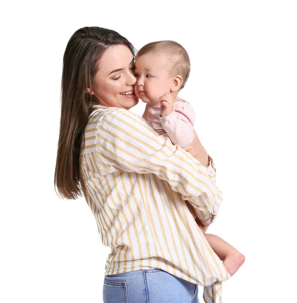 Happy Mother Cute Little Baby White Background — Stock Photo, Image