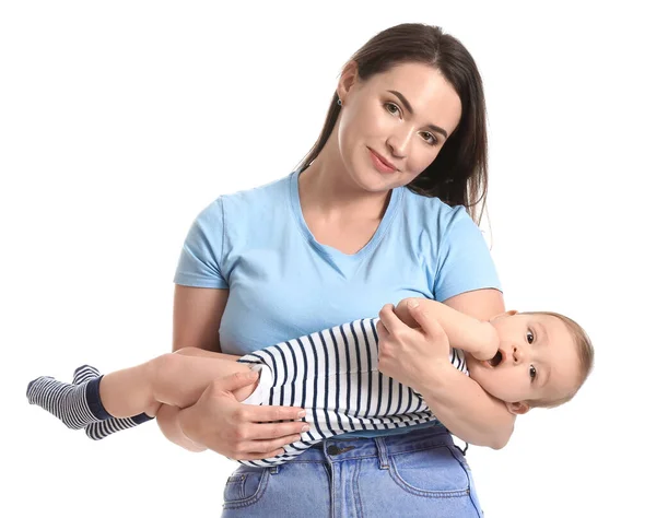 Madre Con Lindo Bebé Sobre Fondo Blanco — Foto de Stock