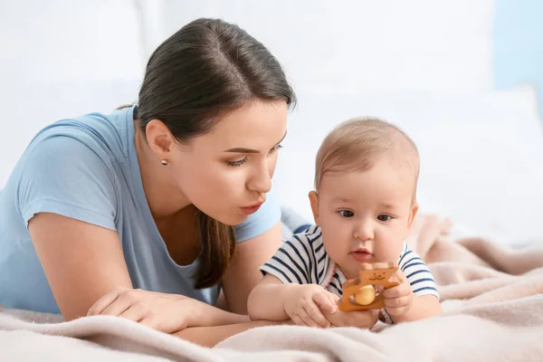 Mother Playing Cute Baby Home Closeup — Stock Photo, Image