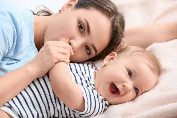 Mother Cute Little Baby Home Closeup — Stockfoto