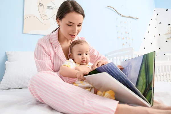 Mother Cute Little Baby Reading Book Home Closeup — Stock Photo, Image