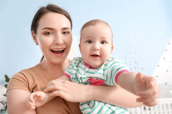 Happy Mother Cute Baby Home Closeup — Zdjęcie stockowe