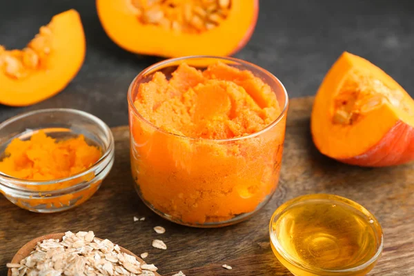 Composition Pumpkin Body Scrub Ingredients Dark Background — Stock Photo, Image